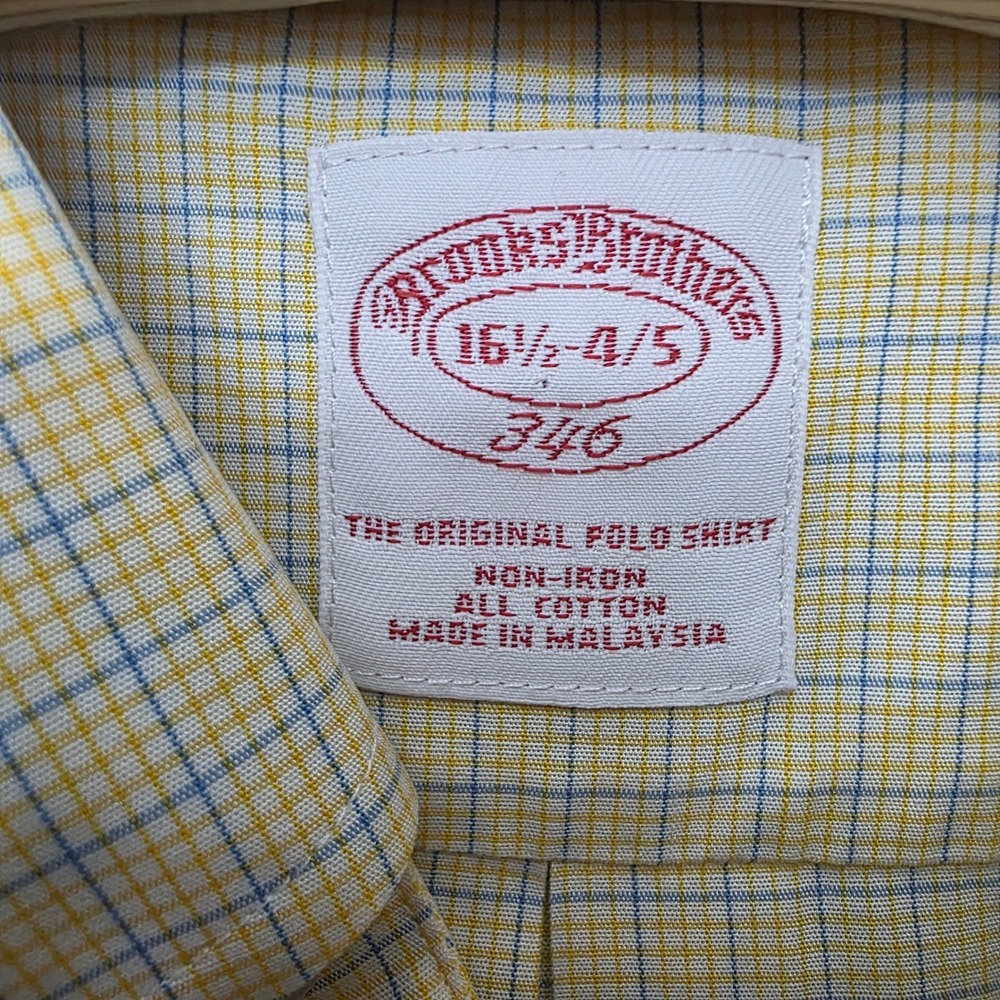 Brooks Brothers 346 Mens Yellow Blue Micro Check Non-Iron Shirt 16.5 34/35 - Picture 3 of 7